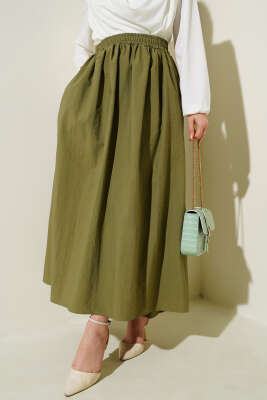 Bel Lastikli Cepli Paraşüt Etek Haki - Uzun Etek