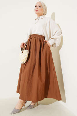 Bel Lastikli Cepli Paraşüt Etek Kahve - Uzun Etek