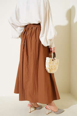 Bel Lastikli Cepli Paraşüt Etek Kahve - Uzun Etek