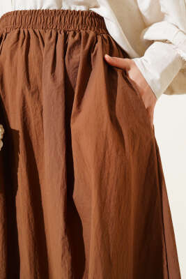 Bel Lastikli Cepli Paraşüt Etek Kahve - Uzun Etek