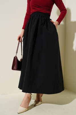 Bel Lastikli Cepli Paraşüt Etek Siyah - Uzun Etek