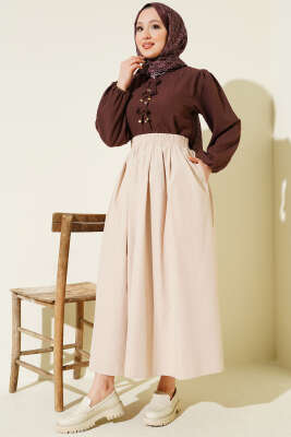 Bel Lastikli Cepli Poplin Etek Bej - Etek