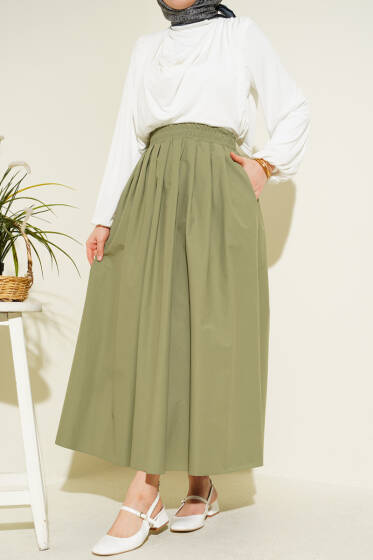 Bel Lastikli Cepli Poplin Etek Çağla Yeşili - Etek