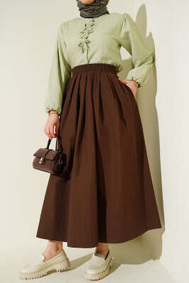 Bel Lastikli Cepli Poplin Etek Kahve - FİXAY