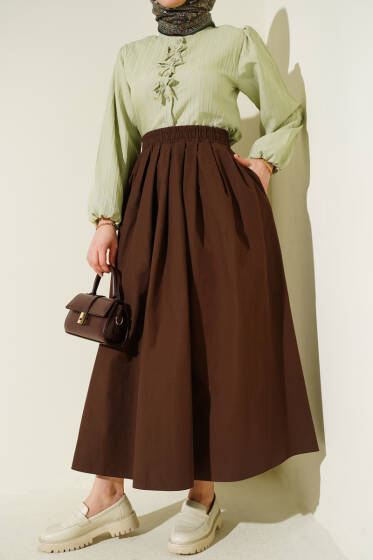 Bel Lastikli Cepli Poplin Etek Kahve - Etek