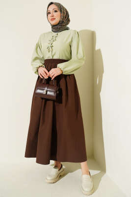 Bel Lastikli Cepli Poplin Etek Kahve - Etek