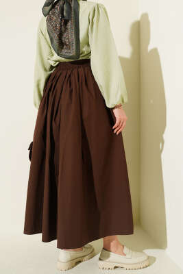 Bel Lastikli Cepli Poplin Etek Kahve - Etek