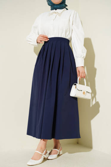 Bel Lastikli Cepli Poplin Etek Lacivert - Etek