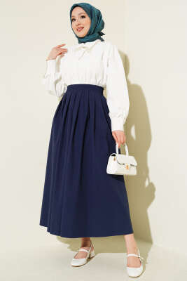 Bel Lastikli Cepli Poplin Etek Lacivert - Etek