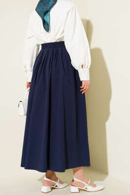 Bel Lastikli Cepli Poplin Etek Lacivert - Etek