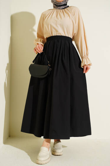 Bel Lastikli Cepli Poplin Etek Siyah - Etek