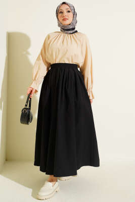 Bel Lastikli Cepli Poplin Etek Siyah - Etek