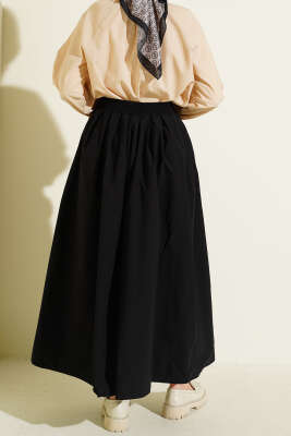 Bel Lastikli Cepli Poplin Etek Siyah - Etek