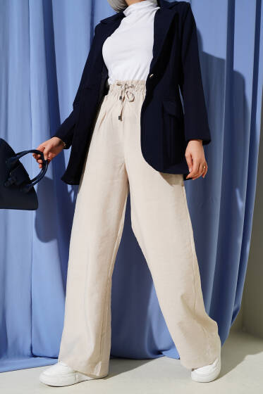 Bel Lastikli Cepli Salaş Pantolon Bej - Pantolon