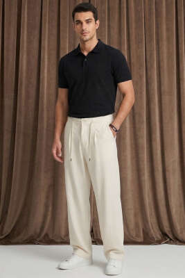 Bel Lastikli Cepli Tensel Erkek Pantolon Bej - Erkek Pantolon