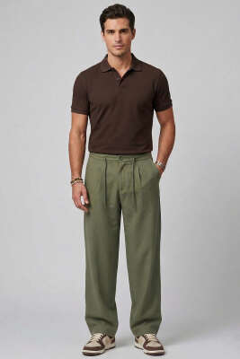 Bel Lastikli Cepli Tensel Erkek Pantolon Haki - Erkek Pantolon