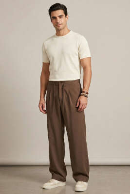 Bel Lastikli Cepli Tensel Erkek Pantolon Kahve - Erkek Pantolon