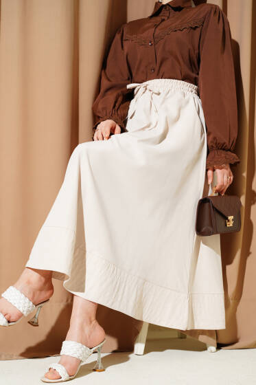 Bel Lastikli Cepli Tensel Etek Bej - Etek