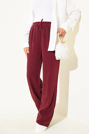 Bel Lastikli Cepli Tensel Pantolon Bordo - Pantolon