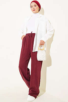 Bel Lastikli Cepli Tensel Pantolon Bordo - Pantolon