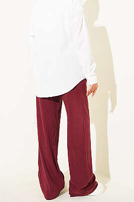 Bel Lastikli Cepli Tensel Pantolon Bordo - Pantolon