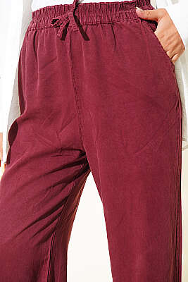 Bel Lastikli Cepli Tensel Pantolon Bordo - Pantolon