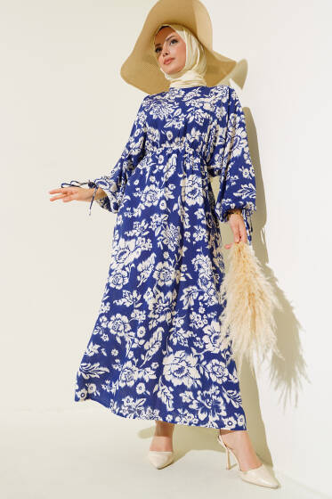 Bel Lastikli Çiçek Desen Elbise Lacivert - Elbise