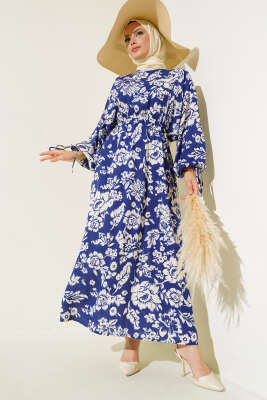 Bel Lastikli Çiçek Desen Elbise Lacivert 