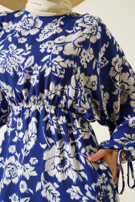 Bel Lastikli Çiçek Desen Elbise Lacivert - Tesettür Elbise