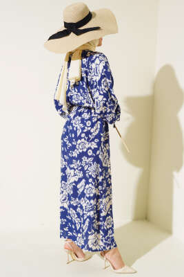 Bel Lastikli Çiçek Desen Elbise Lacivert - Tesettür Elbise