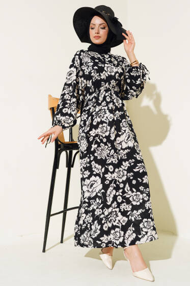 Bel Lastikli Çiçek Desen Elbise Siyah - Elbise