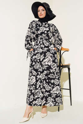 Bel Lastikli Çiçek Desen Elbise Siyah - Tesettür Elbise