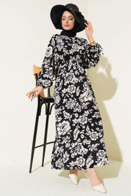 Bel Lastikli Çiçek Desen Elbise Siyah