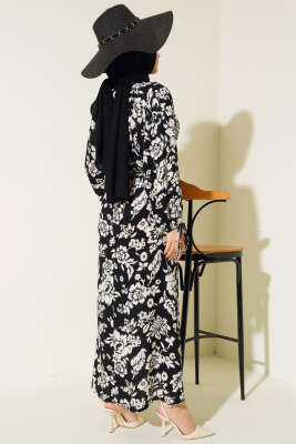 Bel Lastikli Çiçek Desen Elbise Siyah - Tesettür Elbise