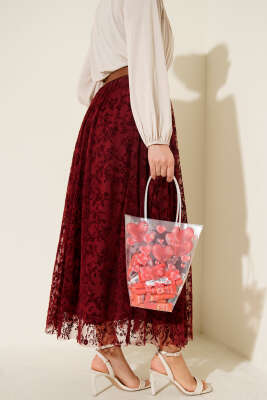 Bel Lastikli Çiçek Desen Tül Etek Bordo - Etek