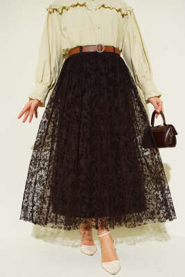 Bel Lastikli Çiçek Desen Tül Etek Kahve - TABLO FASHİON