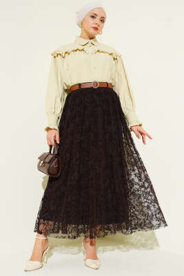 Bel Lastikli Çiçek Desen Tül Etek Kahve - Etek