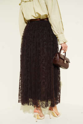 Bel Lastikli Çiçek Desen Tül Etek Kahve - Etek