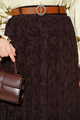 Bel Lastikli Çiçek Desen Tül Etek Kahve - Etek