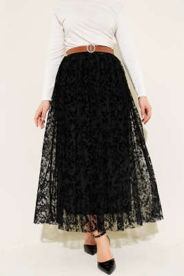 Bel Lastikli Çiçek Desen Tül Etek Siyah - TABLO FASHİON