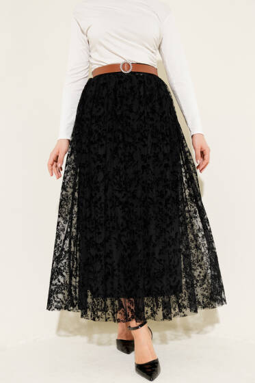 Bel Lastikli Çiçek Desen Tül Etek Siyah - Etek