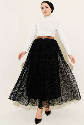 Bel Lastikli Çiçek Desen Tül Etek Siyah - Etek