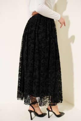 Bel Lastikli Çiçek Desen Tül Etek Siyah - Etek