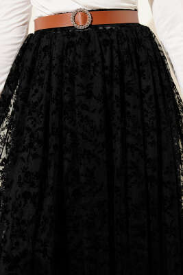 Bel Lastikli Çiçek Desen Tül Etek Siyah - Etek