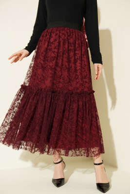 Bel Lastikli Çiçek Desenli Tül Etek Bordo - FİXAY