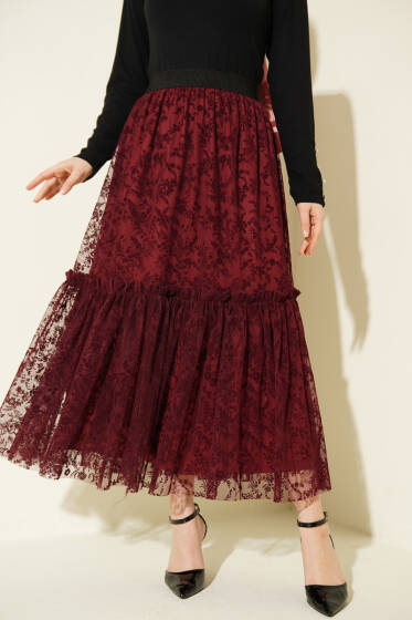 Bel Lastikli Çiçek Desenli Tül Etek Bordo - Etek