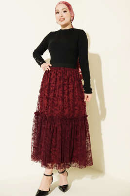 Bel Lastikli Çiçek Desenli Tül Etek Bordo - Yılın Fırsatı