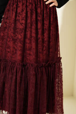 Bel Lastikli Çiçek Desenli Tül Etek Bordo - Yılın Fırsatı