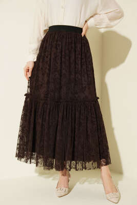 Bel Lastikli Çiçek Desenli Tül Etek Kahve - FİXAY