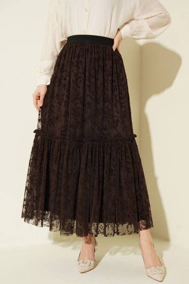 Bel Lastikli Çiçek Desenli Tül Etek Kahve - Etek